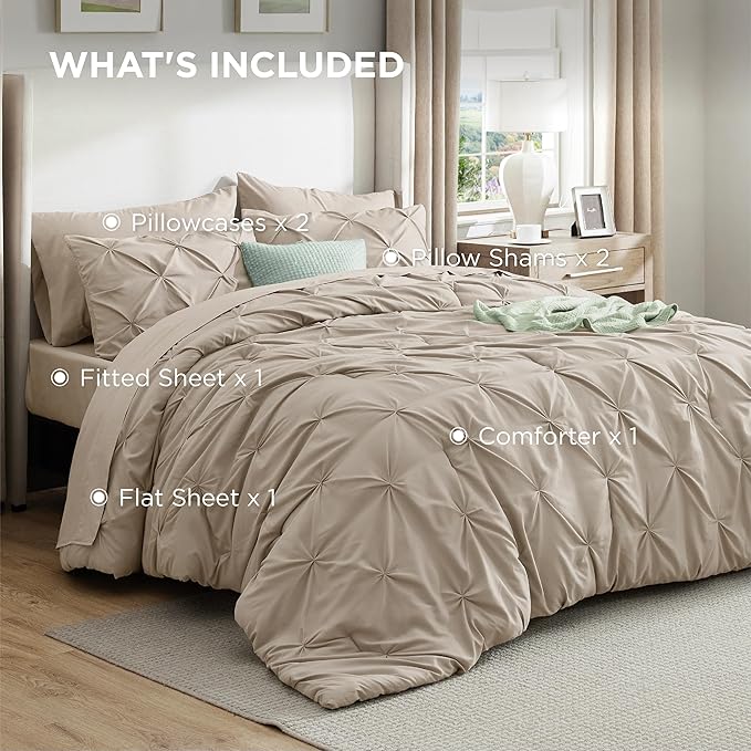 Bedsure Oversized King Comforter Set Beige - Bed in a Bag Bedding Set 7 Pieces, GentleSoft™ Pintuck Bed Set Gift for Family, Pinch Pleat Beige Comforter with Sheets, Pillowcases & Shams