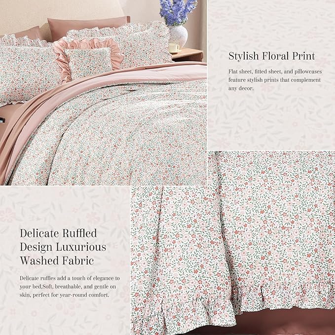 Full Comforter Set - 7 Pieces Ruffle Pink Ditzy Bedding Sets, Shabby Chic Farmhouse Bed in a Bag Full with Floral Comforter, Sheets, Pillowcases & Shams