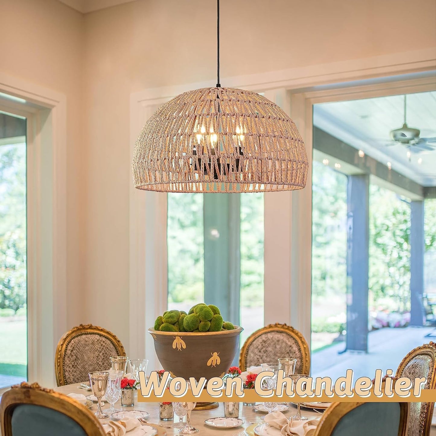 17.6 inch Hemp Rope Woven Pendant Light Wicker Pendant Light 3-light Rattan Light Fixture Boho Chandelier Farmhouse Chandelier Dome Pendants Light for Dining Room Bedroom Kitchen(Bulb Incl