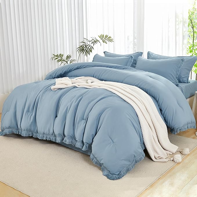 Andency Full Size Comforter Set Grayish Blue -7 Pieces Boho Tassel Bed in a Bag Soft Lightweight Bedding Sets, All Season Fringe Bed Set with Comforter, Sheets, Pillowcases & Shams