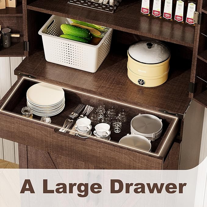 72" Kitchen Pantry Storage Cabinet with Doors and Shelves, Wood Farmhouse Pantry Storage with Barn Doors for Kitchen, Dining Room, Living Room, Dark Brown