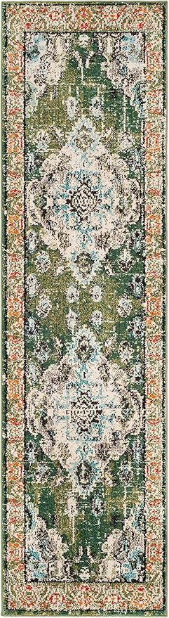 SAFAVIEH Monaco Collection Runner Rug - 2'2" x 12', Forest Green & Light Blue, Non-Shedding & Easy to Clean, Distressed Medallion Design, Ideal for Hallway, Foyer, Entryway, Kitchen, Bedroom (MNC243F)