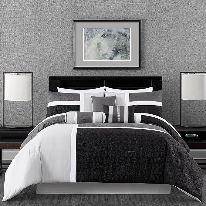 Chezmoi Collection Upland 7-Piece Quilted Patchwork Comforter Set, Black/Gray/Light Gray, Queen