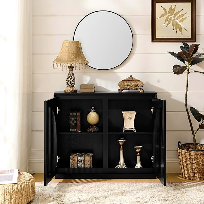 KEIKI 39" Mid Century Modern Fluted Sideboard Cabinet with Storage & Outlet Holes, Narrow Buffet Cabinet, Solid Wood + MDF, for Living Room, Entryway, Hallway, Kitchen, Coffee Bar, Black