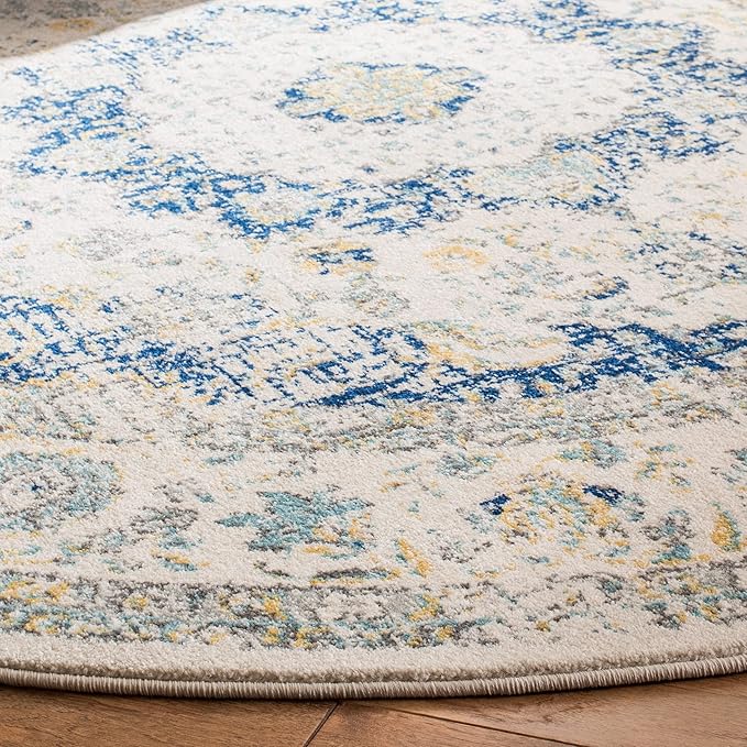 SAFAVIEH Evoke Collection Area Rug - 5'3" Round, Ivory & Blue, Shabby Chic Oriental Medallion Design, Non-Shedding & Easy to Clean, Ideal for Living Room, Bedroom, Dining Space (EVK220C)