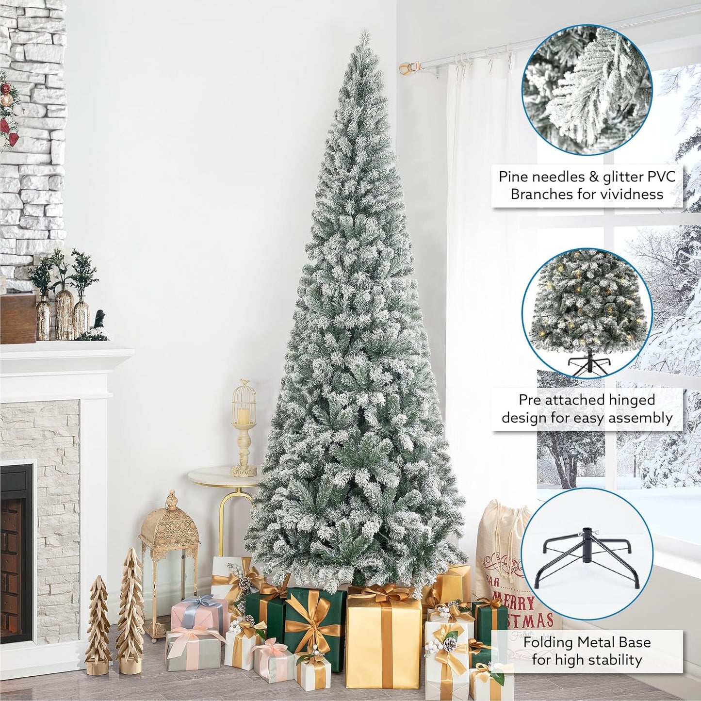 Naomi Home Salzburg 7.5ft Frosted Prelit Slim Artificial Christmas Tree with 1102 Branch Tips, 350 Warm Lights and Metal Stand, 34" Wide Realistic Snow Flocked Skinny Pencil Christmas Tree