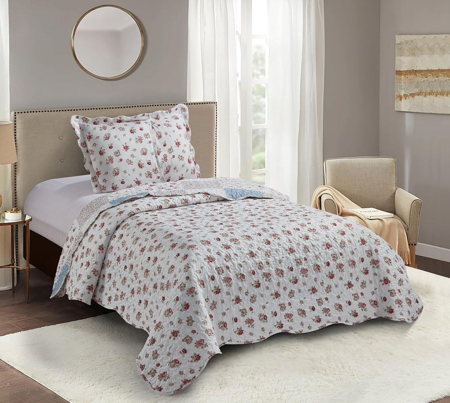 Brilliant Sunshine Pink Rose with Small Blue Check Patchwork, 2-Piece Quilt Set with 1 Sham, Reversible Bedspread, Soft Lightweight Coverlet, All-Season, Twin, Pink Blue