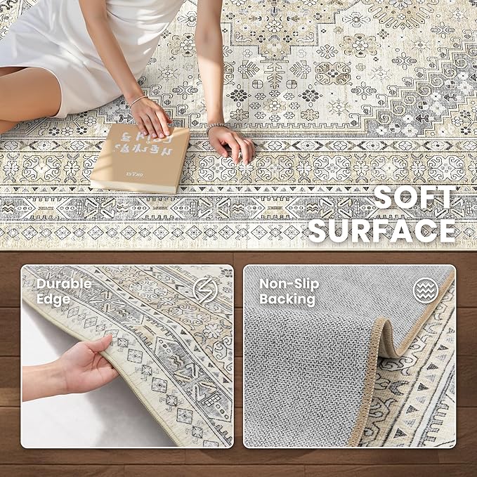 zesthome 5x8 Area Rugs - Ultra-Thin Washble Rug, Stain Resistant Anti Slip Backing Rugs for Living Room,Bedroom, Vintage Home Decor Area Rug (Beige,5'x8')