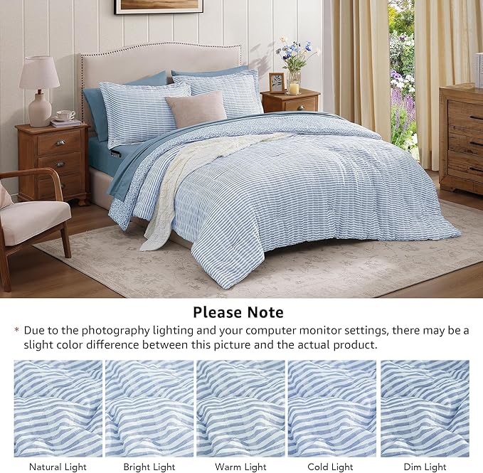 King Comforter Set - 7 Pieces Blue Gauze Muslin Bedding Sets for All Seasons, Lightweight Breathable Bed in a Bag King with Revesible Farmhouse Comforter, Sheets, Pillowcases & Shams