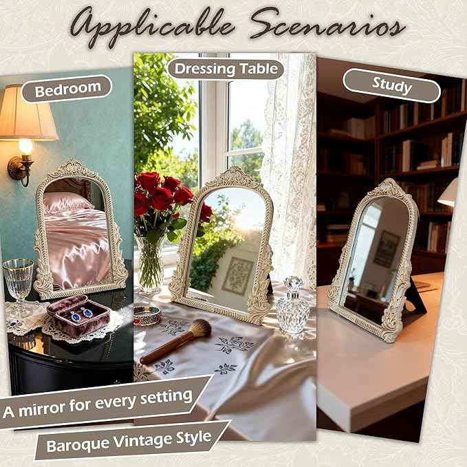 Baroque White Vintage Vanity Mirror 13x10 Inch, Wall-Mounted & Tabletop Dual-Use, Ornate Gold Accent Retro Decorative Mirror for Bedroom Dresser, Bathroom, Living Room and Dorm