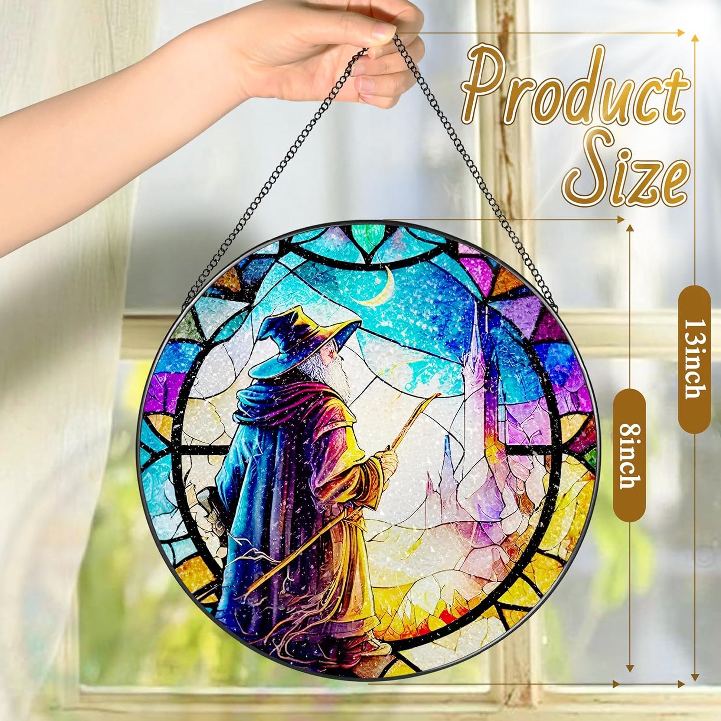 Stained Glass Window Hanging, LAOWEIKI 8'' Witch Suncatcher, Stained Glass Ornament, Suncatchers for Windows Hanging, Window Decor, Outdoor or Indoor, Gifts for Friends