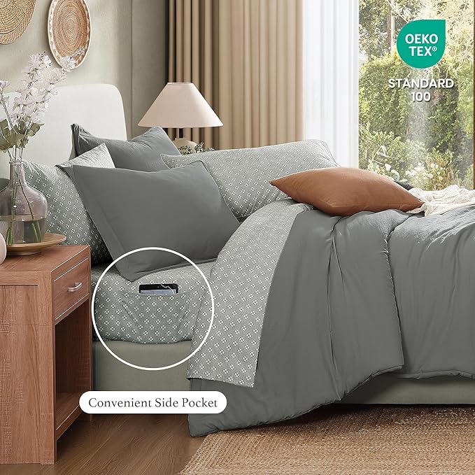 Monbix Queen Comforter Set - 7 Pieces Granite Grey Prewashed Bed in a Bag Queen Bedding Sets with Comforters, All Seasons Ultra Soft Comforter Bed Set with Sheets,Pillowcases & Shams