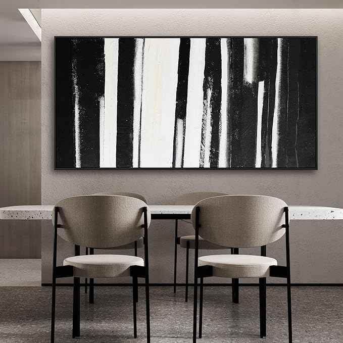 Framed Abstract Canvas Wall Art - Large Minimalist Stripes Black & White - Modern Wall Decor for Living Room, Bedroom, Kitchen & Office - 29"58"