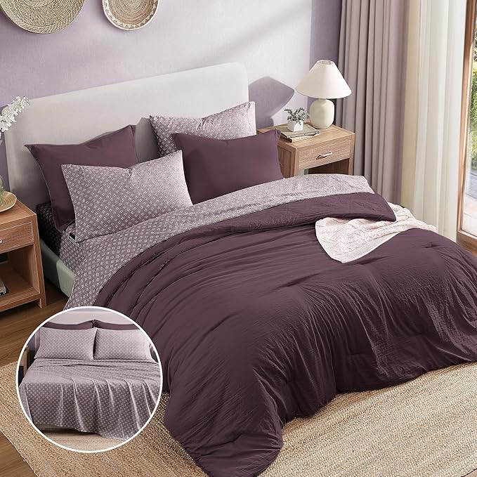 Monbix King Size Comforter Set - 7 Pieces ltalian Plum Prewashed Bed in a Bag King Bedding Sets with Comforters, All Seasons Ultra Soft Comforter Bed Set with Sheets,Pillowcases & Shams