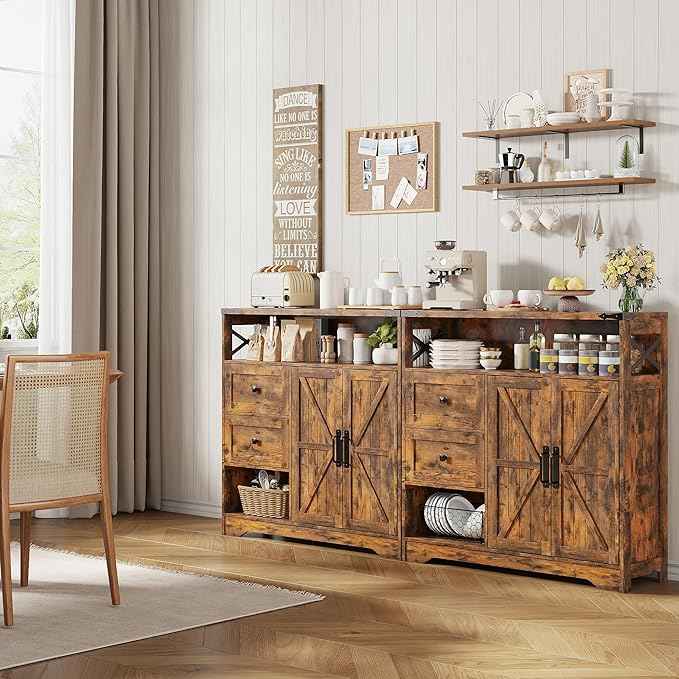Vabches Farmhouse Buffet Sideboard Cabinet with Drawers and Open Shelf, 38.5" Storage Cabinet with Adjustable Shelves and Door, Modern Coffee Bar Hutch Pantry for Kitchen, Living Room, Entryway, Brown