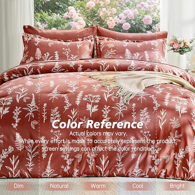 MUXHOMO Terracotta Full Comforter Set, Elegant Floral Print Bed in a Bag 7 Pieces, Ultra Soft & Breathable Reversible Botanical Pattern Bedding Set with Comforter, Sheets, Pillowcases, and Shams