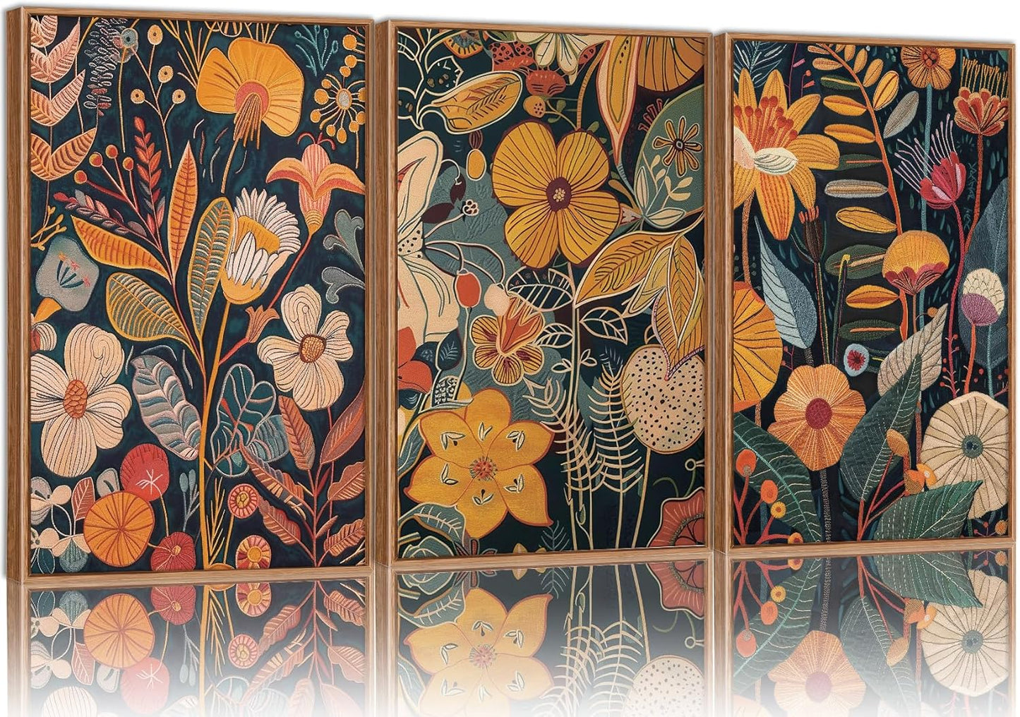 SIGNINART Orange Floral Framed Canvas Wall Art Set of 3, Mid Century Modern Flower Wall Decor, Neutral Plant Artwork, Boho Botanical Art Prints for Bedroom Living Room Office 16"x24"x3