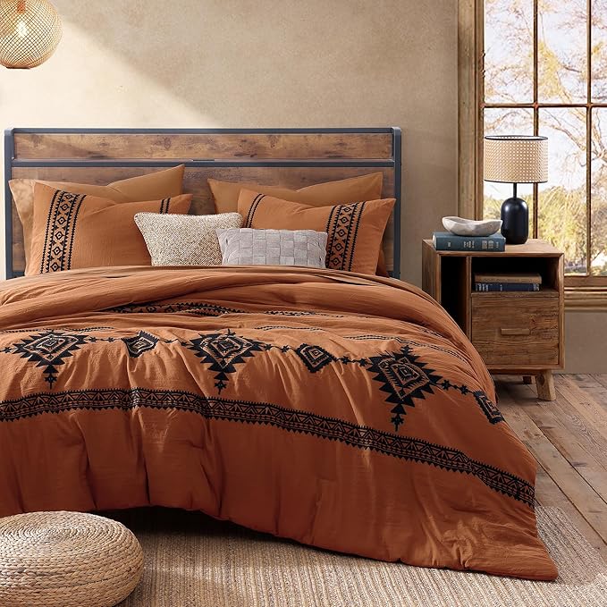 MaiRêve Embroidery Comforter Set, Boho Farmhouse Western Bedding Set, All Season Bed in A Bag Comforter Set with Sheets, Pillowcases & Shams, Burnt Orange Queen 7 Pieces