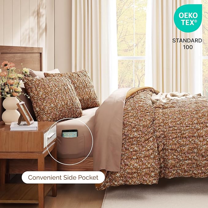 Queen Comforter Set-7 Pieces Brown Classic Puff Floral Bedding Sets for All Seasons,Shabby Chic Farmhouse Bed in a Bag Queen with Wildflowers Comforter,Sheets, Pillowcases & Shams