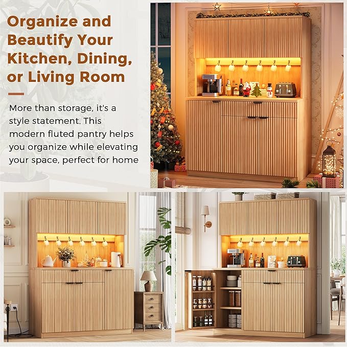 Fluted Kitchen Pantry Storage Cabinet with Charging Station/LED Light/Doors/Shelves, 71'' Tall Kitchen Food Hutch with Microwave Stand for Dining Room Living Room (Natural, 41 * 15.7 * 71)