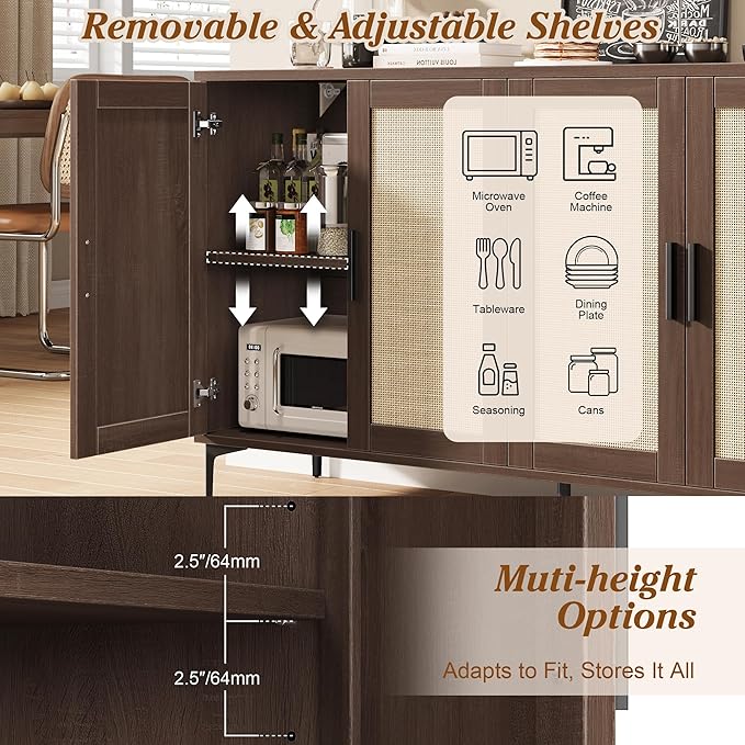 JASIWAY Buffet Cabinet with Storage, 48" Rattan Sideboard with Adjustable Shelves, Modern Coffee Bar Cabinet Console Table with Doors, Credenza for Kitchen, Living Room, Entryway, Dining Room, Walnut