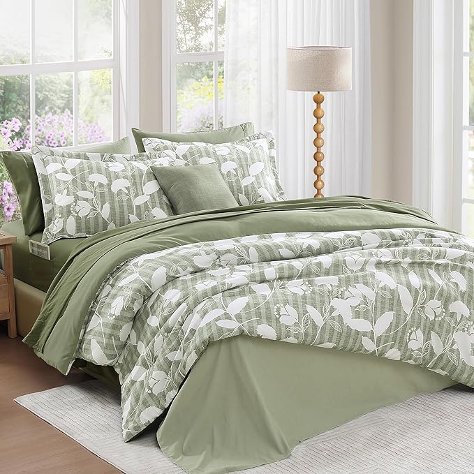Twin XL Comforter Set -5 Pieces Floral Sage Green Bedding Set for All Seasons, Bed in a Bag with Botanical Flowers Comforter, Sheets, Pillowcase & Sham