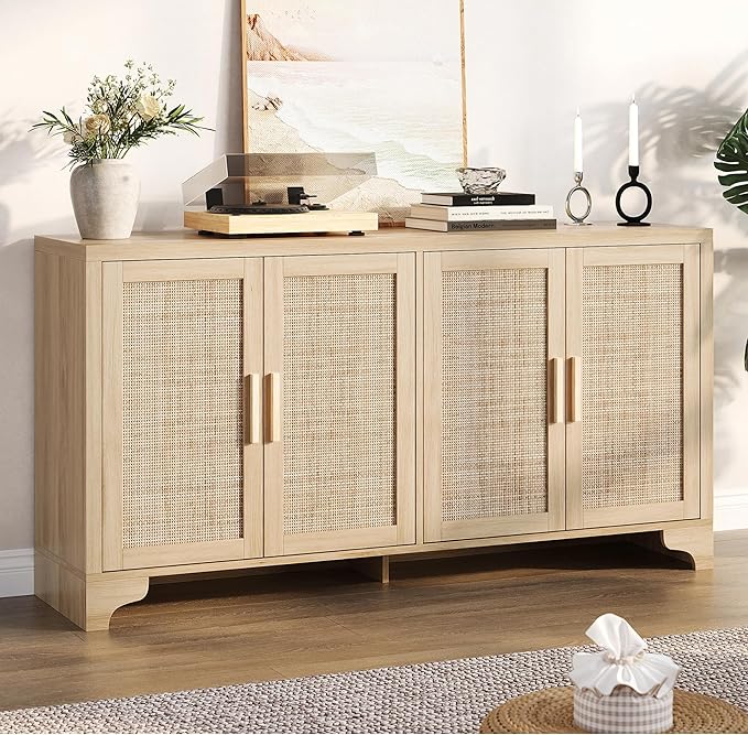 Garvee Natural Rattan Storage Cabinet with Shelves, 4-Door Sideboard Buffet Cabinet, Boho TV Stand Console Table for Living Room, Entryway, Dinning Room