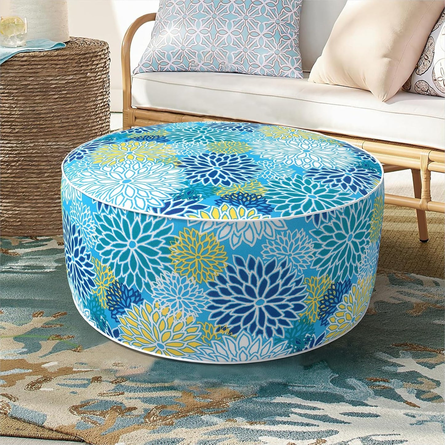 Inflatable Ottoman Stool D21 xH9 for Outdoor/Indoor Use, Water Repellent Patio Foot Rest Stool with Portable Handle,Round Pouf Ottoman Suitable for Garden,Deck and Camping - Dahlia Blue