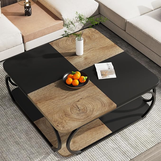 Tribesigns Square Coffee Table with Open Storage Shelf for Living Room, 39 Inch Large Wood Center Table 2 Tier Low Coffee Tables Farmhouse Tea Table with Metal Frame for Home Office, Black Light Brown