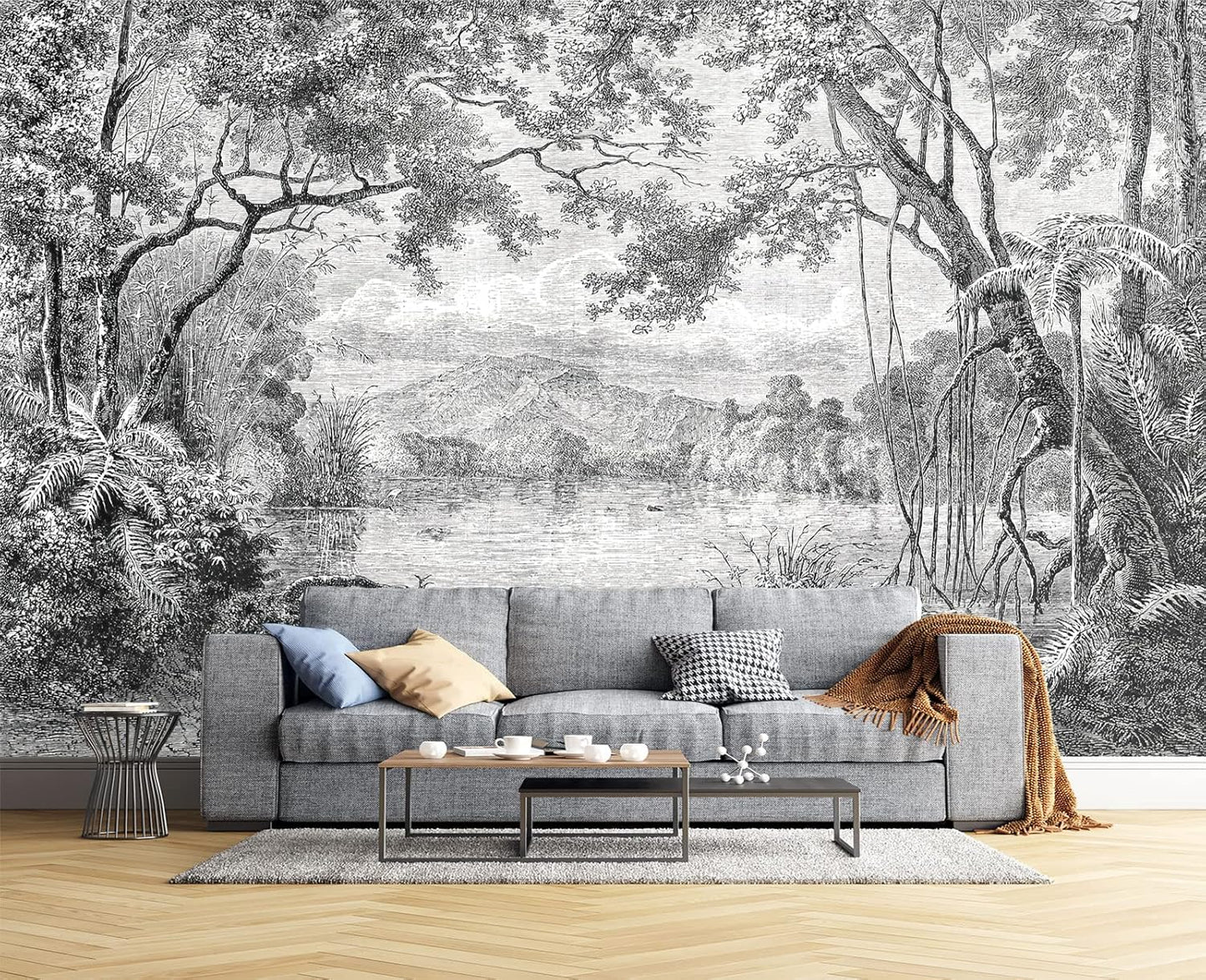 Black and White Tropical Rainforest Wall Mural Wallpaper for Bedroom 103" x 69"