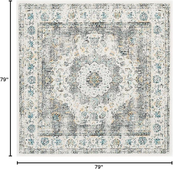SAFAVIEH Evoke Collection Area Rug - 6'7" Square, Grey & Gold, Shabby Chic Oriental Medallion Design, Non-Shedding & Easy to Clean, Ideal for Living Room, Bedroom, Dining Space (EVK220B)