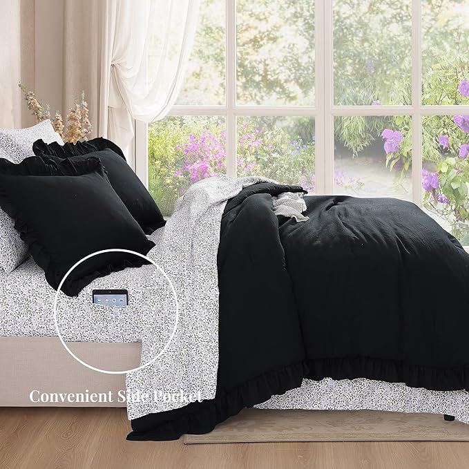 Queen Comforter Set - 7 Pieces Ruffle Black Bedding Sets, Shabby Chic Farmhouse Bed in a Bag Queen with Ruffle Comforter, Floral Sheets, Pillowcases & Shams