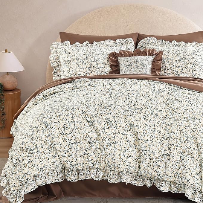 Full Comforter Set - 7 Pieces Ruffle Beige Ditzy Bedding Sets, Shabby Chic Farmhouse Bed in a Bag Full with Floral Comforter, Sheets, Pillowcases & Shams