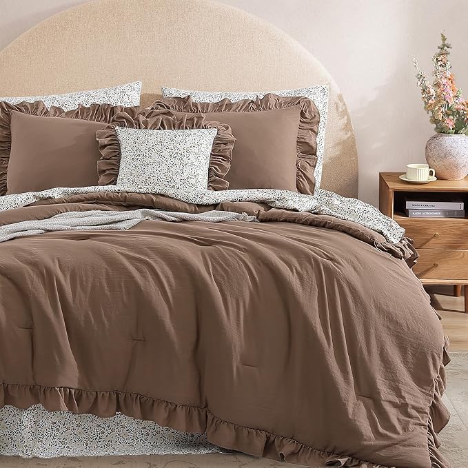 Queen Comforter Set - 7 Pieces Ruffle Amber Brown Bedding Sets, Shabby Chic Farmhouse Bed in a Bag with Ruffle Comforter, Floral Sheets, Pillowcases & Shams