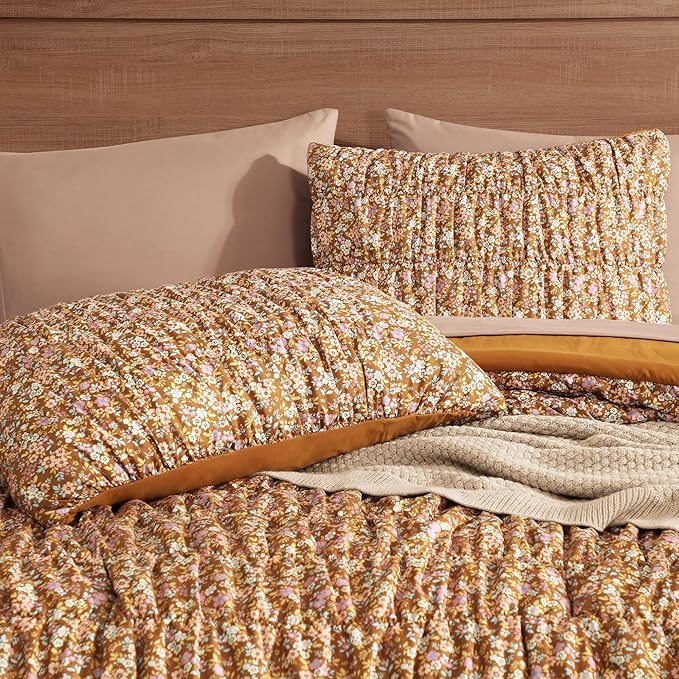 Queen Comforter Set-7 Pieces Brown Classic Puff Floral Bedding Sets for All Seasons,Shabby Chic Farmhouse Bed in a Bag Queen with Wildflowers Comforter,Sheets, Pillowcases & Shams