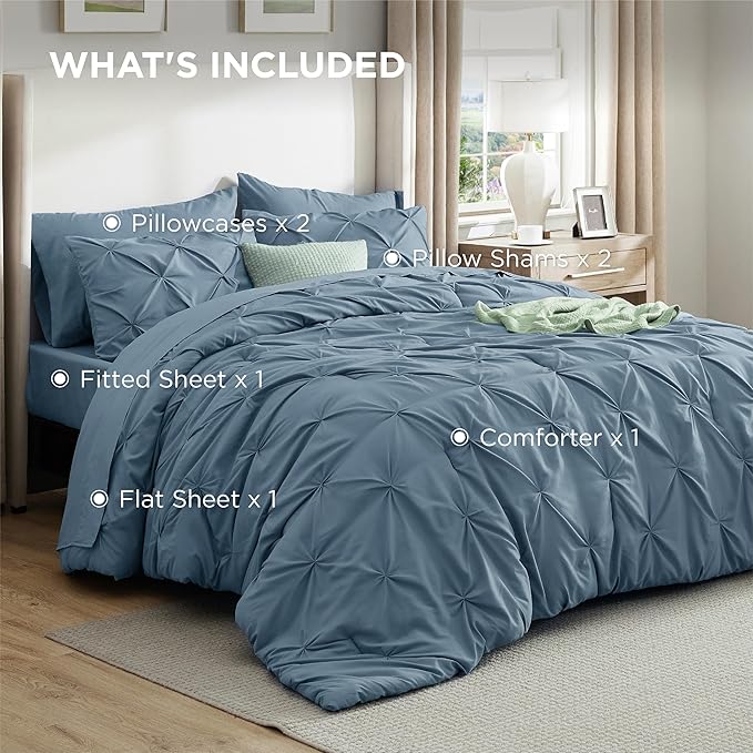 Bedsure King Size Comforter Set Mineral Blue - Bed in a Bag Bedding Set 7 Pieces, GentleSoft™ Pintuck Bed Set Gift for Family, Pinch Pleat Mineral Blue Comforter with Sheets, Pillowcases & Shams