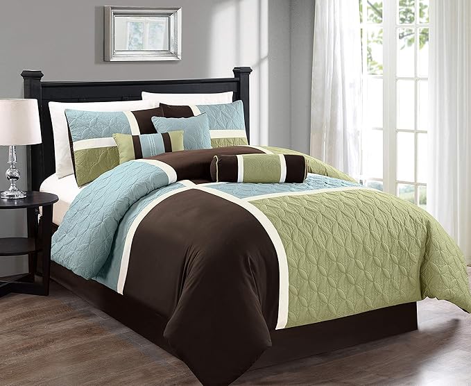 Chezmoi Collection 7-Piece Quilted Patchwork Comforter Set, Coffee Brown/Aqua Blue/Sage Green, Queen