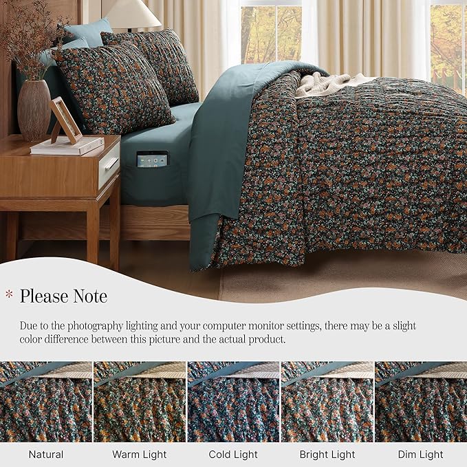 King Comforter Set-7 Pieces Dark Green Classic Puff Floral Bedding Sets for All Seasons,Shabby Chic Farmhouse Bed in a Bag King with Wildflowers Fluffy Comforter,Sheets, Pillowcases & Shams