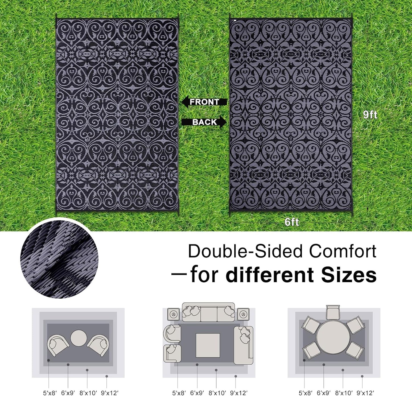 OLANLY Outdoor Rug Waterproof 6x9 ft Clearance, Reversible Outdoor Plastic Straw Rug with Floral Pattern, RV Mat for Patio, Camping, Balcony, Deck, Backyard, Black & Grey