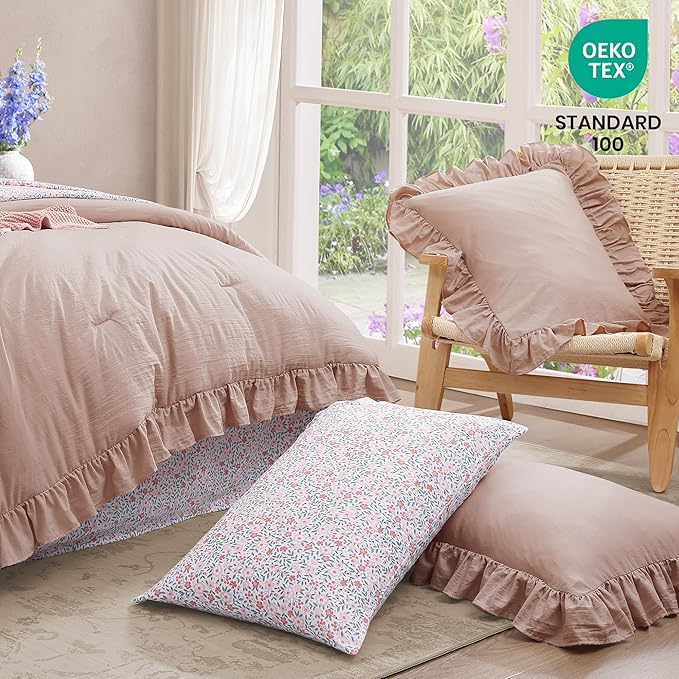 Twin XL Comforter Set - 5 Pieces Ruffle Rose Floral Bedding Sets, Shabby Chic Farmhouse Bed in a Bag with Ruffle Comforter, Floral Sheets, Pillowcase & Sham