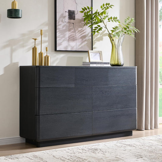 Modern 7 Drawer Dresser for Bedroom, 52" Wide Handleless Chest of Drawers, Push-to-Open Large Wood Storage, Dresser TV Stand for Bedroom, Living Room, Hallway, Curved Profile, Black
