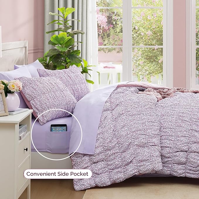 Full Size Comforter Sets - 7 Pieces Puff Light Purple Floral Bedding Set for All Seasons, Shabby Chic Farmhouse Bed in a Bag Full with Floral Comforter, Sheets, Pillowcases & Shams