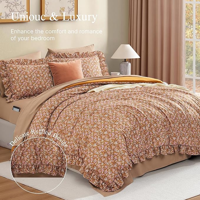 King Comforter Set - 7 Pieces Ruffle Brown Bedding Sets, Shabby Chic Farmhouse Bed in a Bag with Ruffle Comforter, Sheets, Pillowcases & Shams