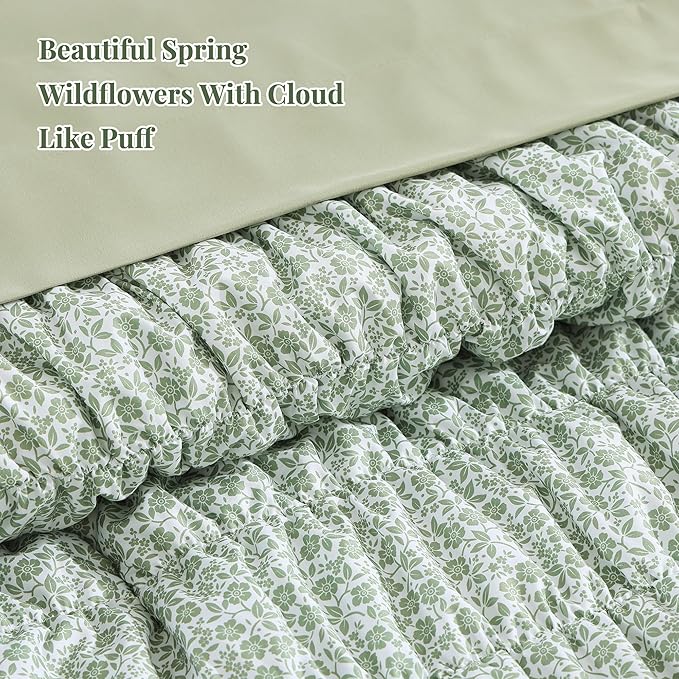 Queen Comforter Set-7 Pieces Sage Green Classic Puff Floral Bedding Sets for All Seasons,Shabby Chic Farmhouse Bed in a Bag Queen with Wildflowers Comforter,Sheets, Pillowcases & Shams