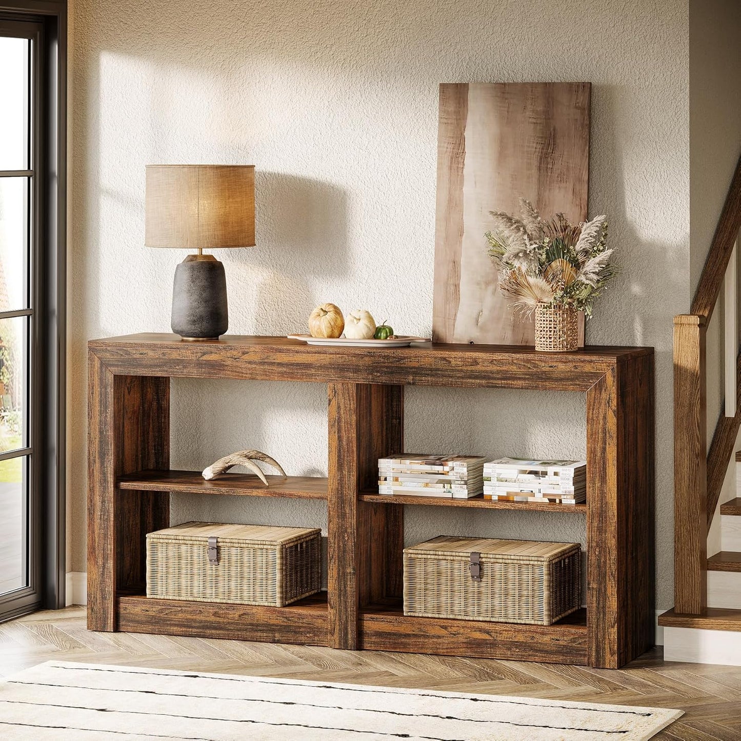 Tribesigns 59-Inch Farmhouse Entryway Table, 3-Tier Console Tables for Living Room, Wood Console Behind Couch for Living Room, Hallway, Foyer, Rustic Brown