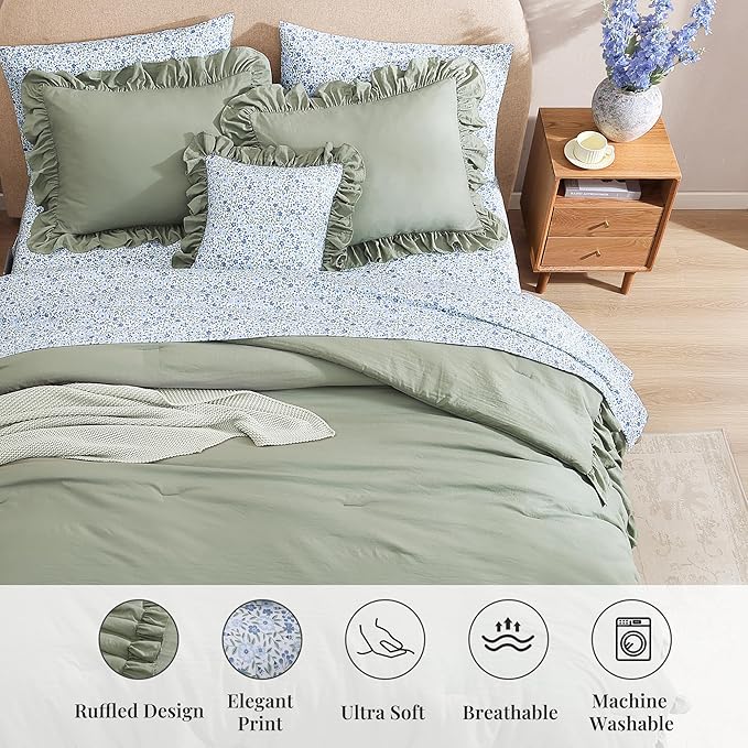 Oversized King Comforter Set - 7 Pieces Ruffle Sage Leaf Bedding Sets, Shabby Chic Farmhouse Bed in a Bag with Ruffle Comforter, Floral Sheets, Pillowcases & Shams