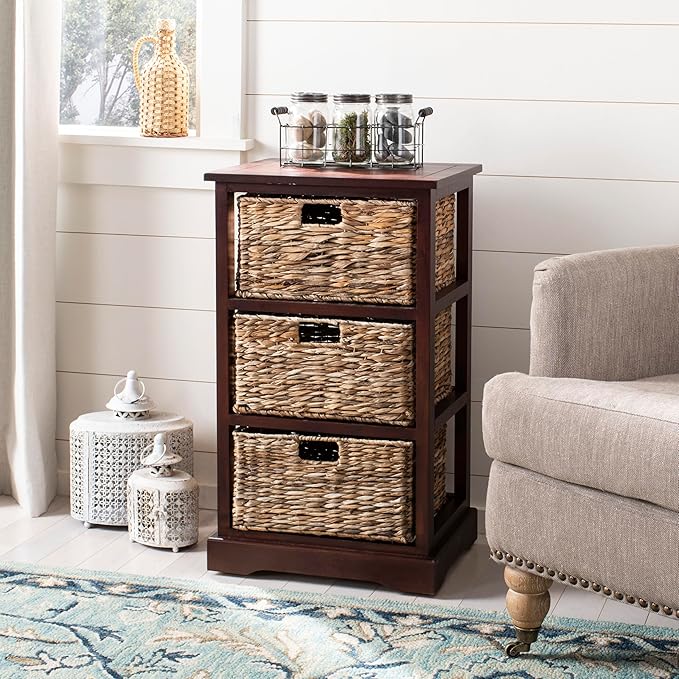 SAFAVIEH Home Collection – Halle Cherry Storage Side Table with Wicker Baskets, Farmhouse Accent Storage, Fully Assembled (AMH5738C)