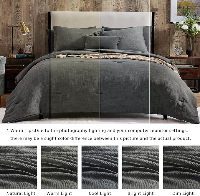 Geniospin Full Comforter Set - 7 Pieces Comforter Full Size, Solid Bedding Sets for All Season, Textured Bed in a Bag with Flat Sheet and Fitted Sheet, Pillowcases and Shams (Grey, 80''x90'')