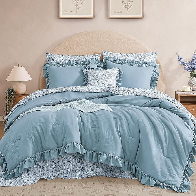 Oversized King Comforter Set - 7 Pieces Ruffle Blue Bedding Sets, Shabby Chic Farmhouse Bed in a Bag with Ruffle Comforter, Floral Sheets, Pillowcases & Shams