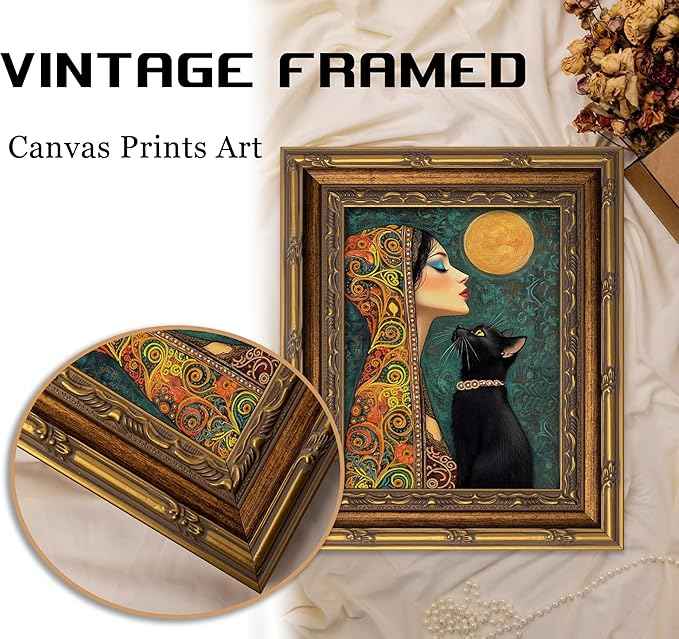 Vintage Gold Framed Boho Wall Art Moonlit Elegant Woman and Black Cat Painting Canvas Prints Gothic Dark Academia Moon Poster Bohemian Mystical Picture Artwork for Bedroom Living Room Home Décor